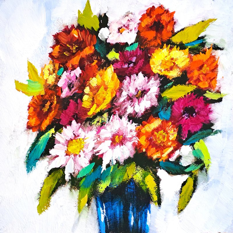 Gerbera Painting Daisies Original Art Floral Oil Painting Flowers Wall Art - 海报/装饰画/版画 - 其他材质 多色