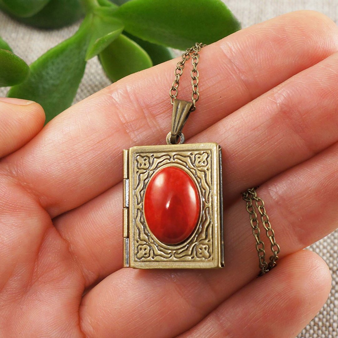 Red Coral Photo Locket Bronze Brass Book Rectangle Pendant Necklace Jewelry Gift - 项链 - 其他材质 红色
