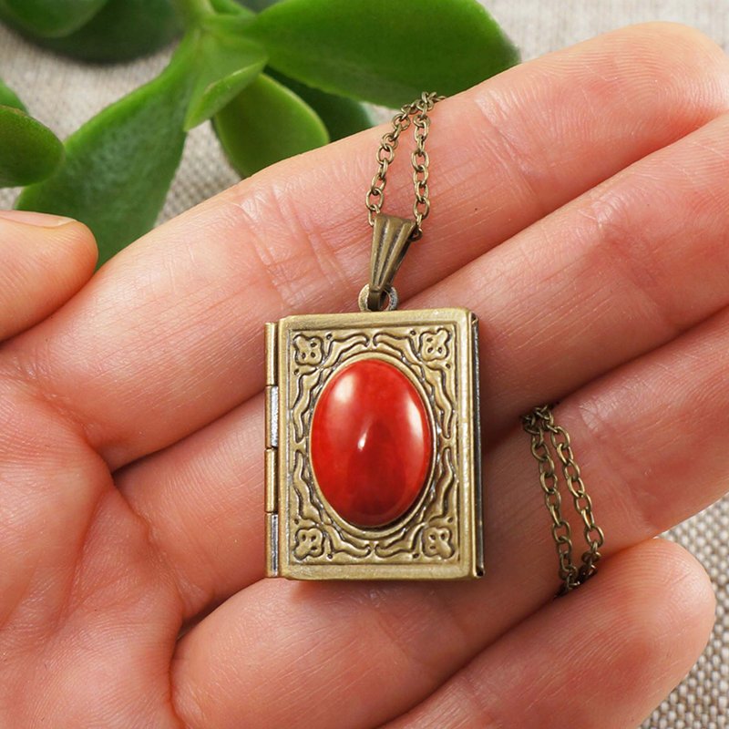 Red Coral Photo Locket Bronze Brass Book Rectangle Pendant Necklace Jewelry Gift - 项链 - 其他材质 红色