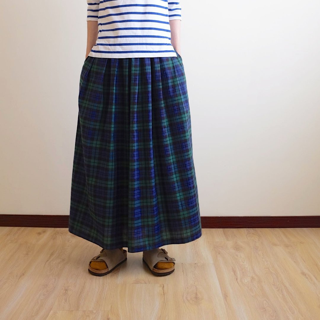 日常手作服  自然森林蓝绿格纹打褶长裙  纯棉 - 裙子 - 棉 多色