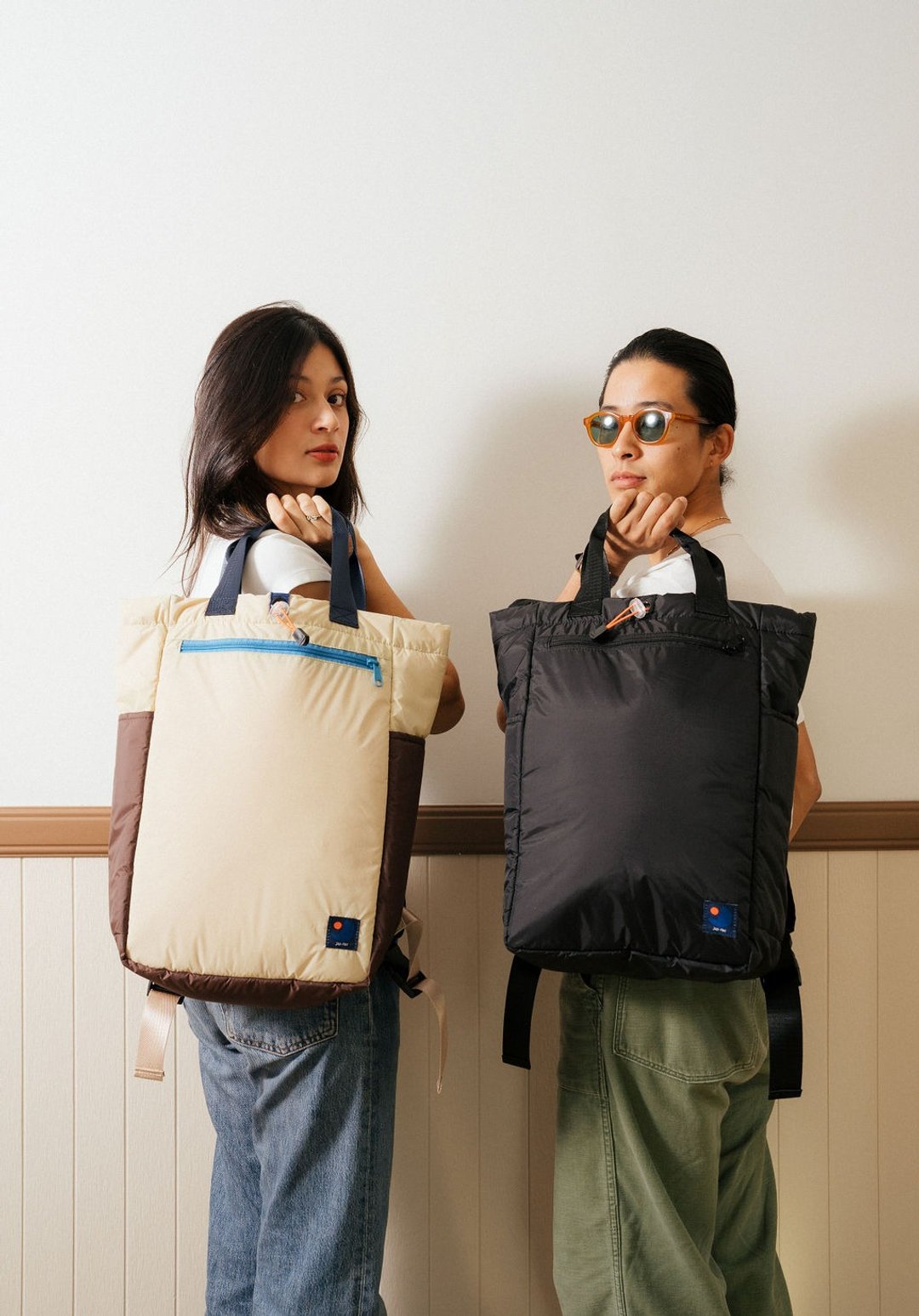 japfac Baggy bag 米白 棕色 双色 - 后背包/双肩包 - 尼龙 多色
