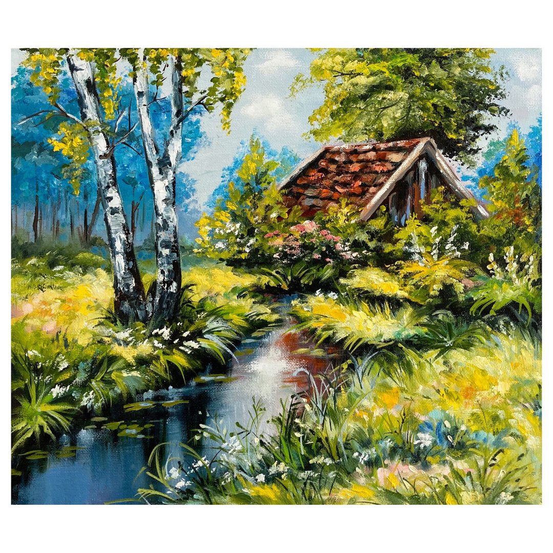 Little cottage painting Birch trees oil original artwork Rural landscape art - 海报/装饰画/版画 - 其他材质 多色