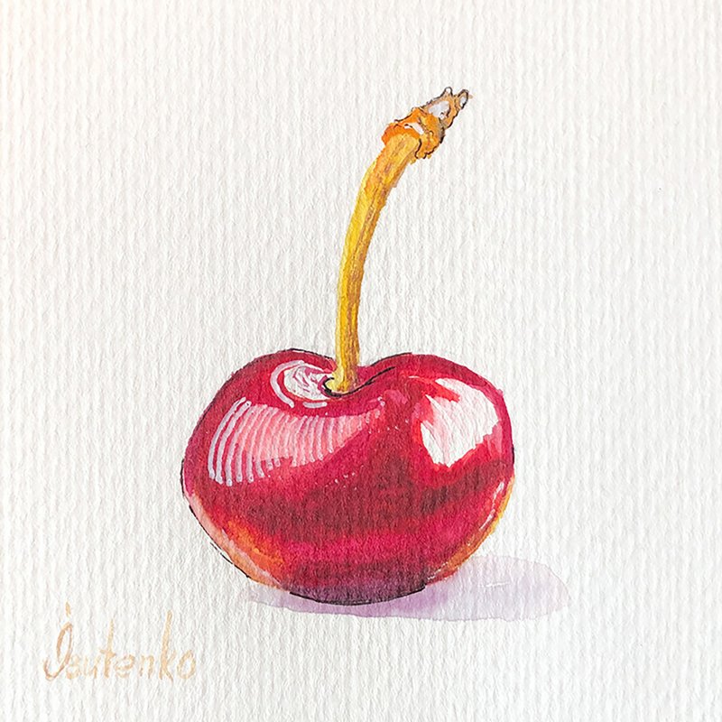 Cherry Painting Berry Original Art Fruit Artwork Small Watercolor Wall Art - 海报/装饰画/版画 - 纸 红色