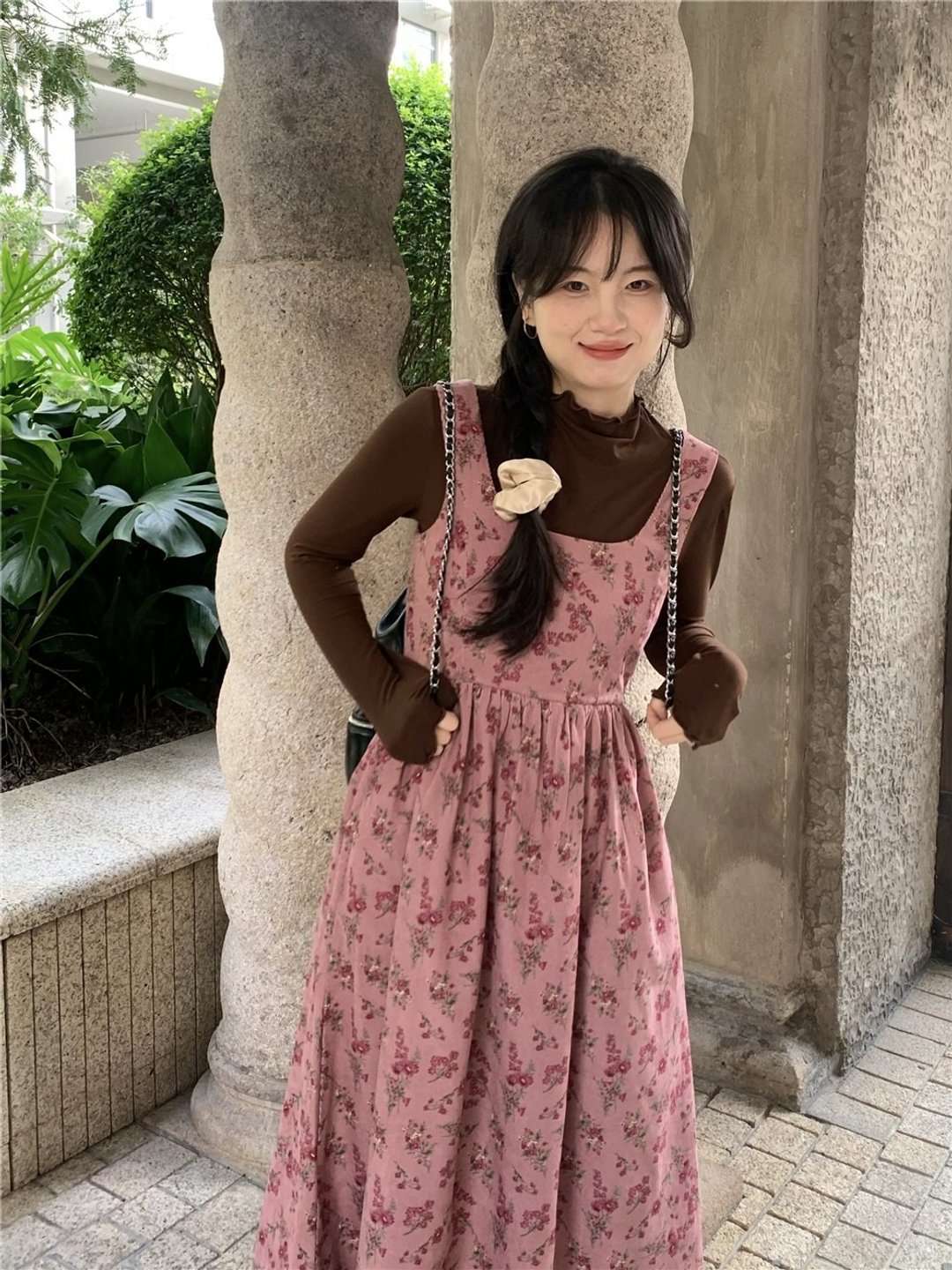 复古灯芯绒 碎花秋冬背心裙 浪漫连衣裙 修身显瘦古著感 洋裝 - 洋装/连衣裙 - 棉 粉红色