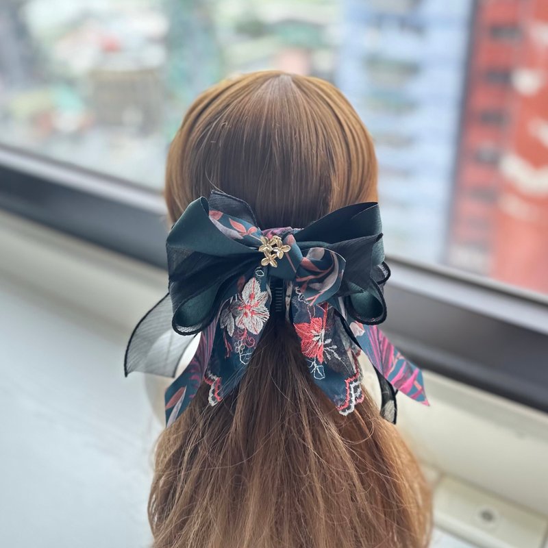 卷边纱蕾丝蝴蝶结相交夹香蕉夹仙女夹发夹-深蓝绿色 - 发饰 - 其他材质 绿色