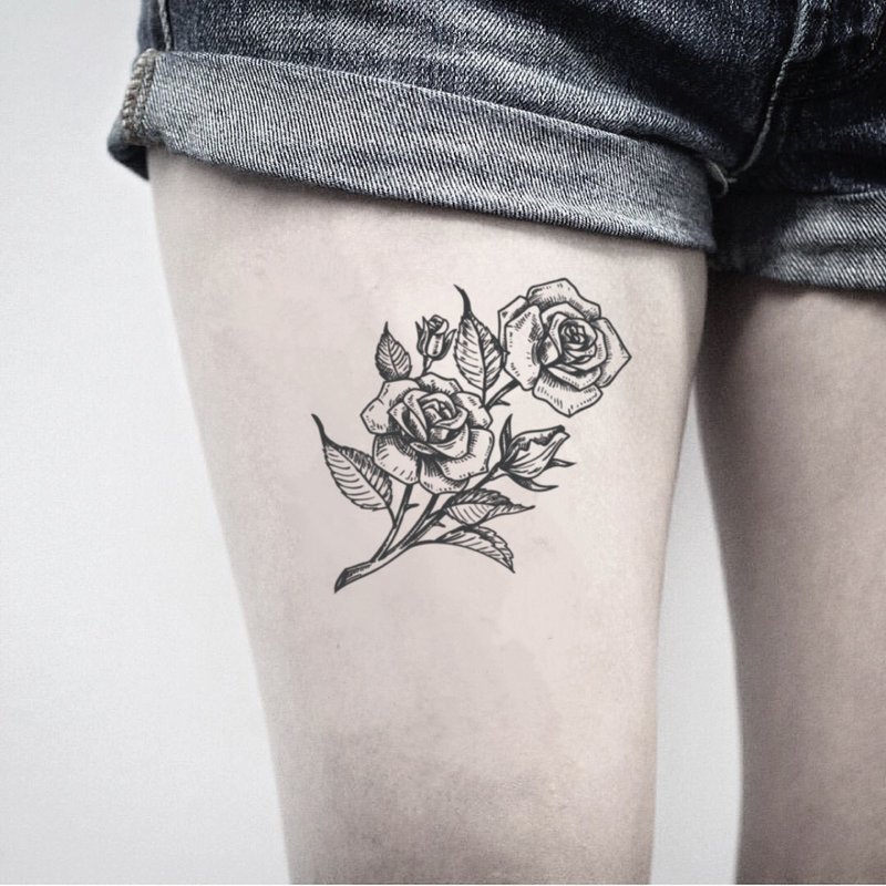OhMyTat 玫瑰花束 Rose 刺青图案纹身贴纸 (2 张) - 纹身贴 - 纸 黑色
