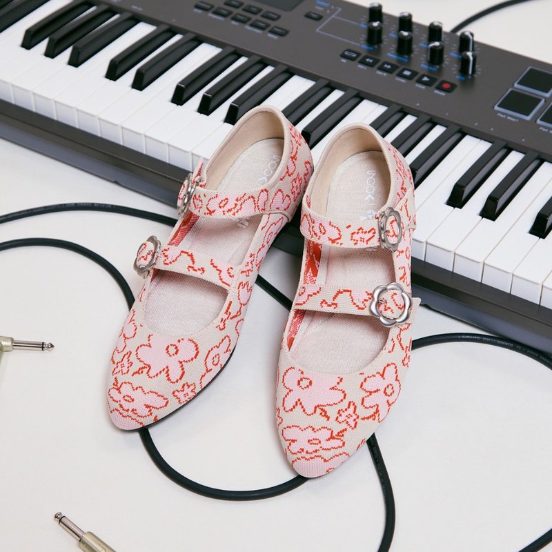 花园平底鞋 米花朵纹 | inooknit 专为亚洲女生设计的针织鞋 - 芭蕾鞋/娃娃鞋 - 聚酯纤维 白色