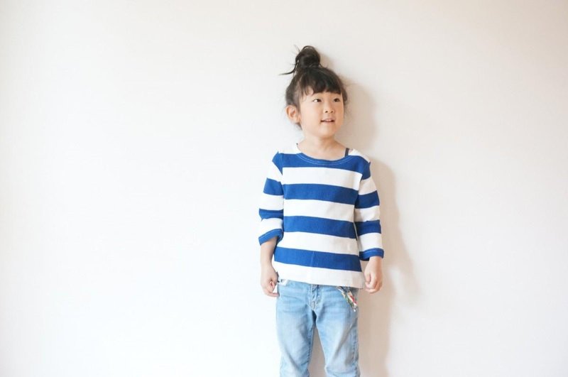 Waffle Border boat neck cut-sew 110, 130 BLUE - 其他 - 棉．麻 蓝色