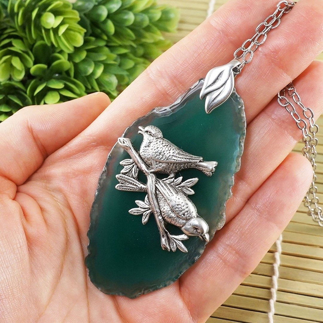 Green Agate Slice Slab Necklace Silver Bird Two Birds Pendant Necklace Jewelry - 项链 - 半宝石 绿色