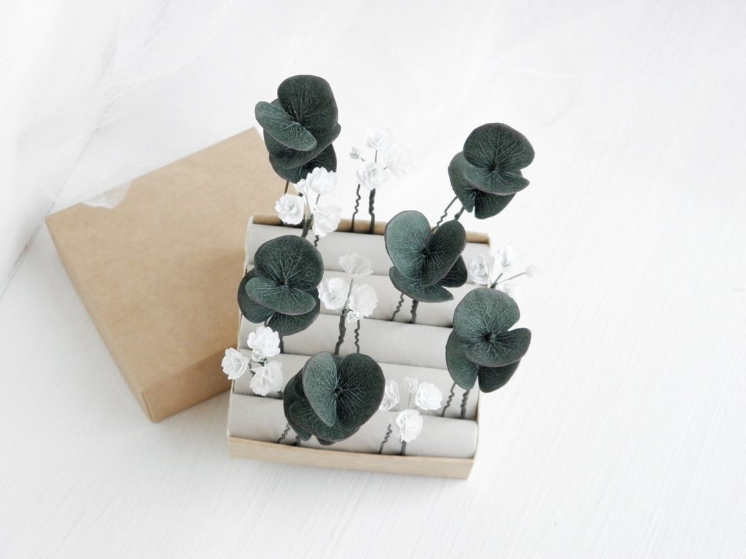 Eucalyptus hair piece Babys breath hair pins Greenery wedding hair accessories - 发饰 - 其他材质 绿色
