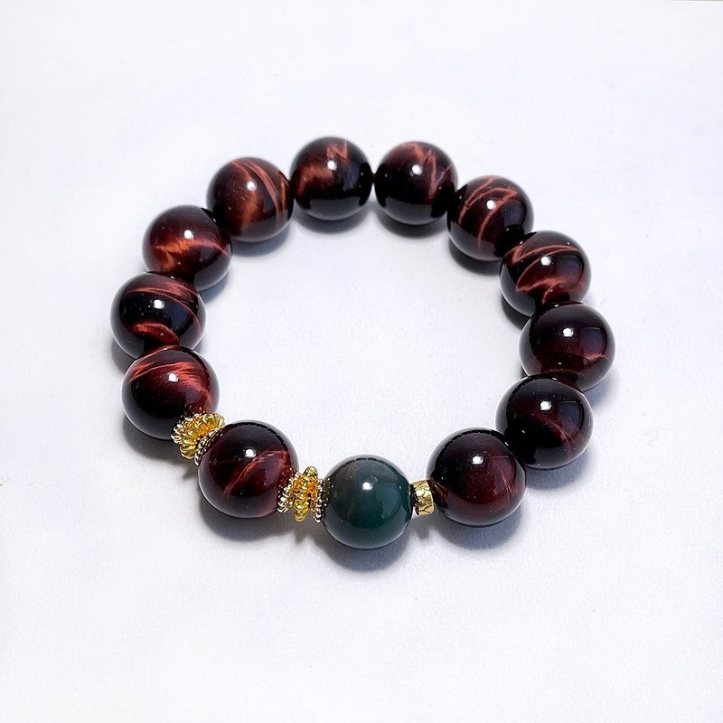 天然矿石 红虎眼石 14 mm 绿阿拉善 手链 - 手链/手环 - 半宝石 红色