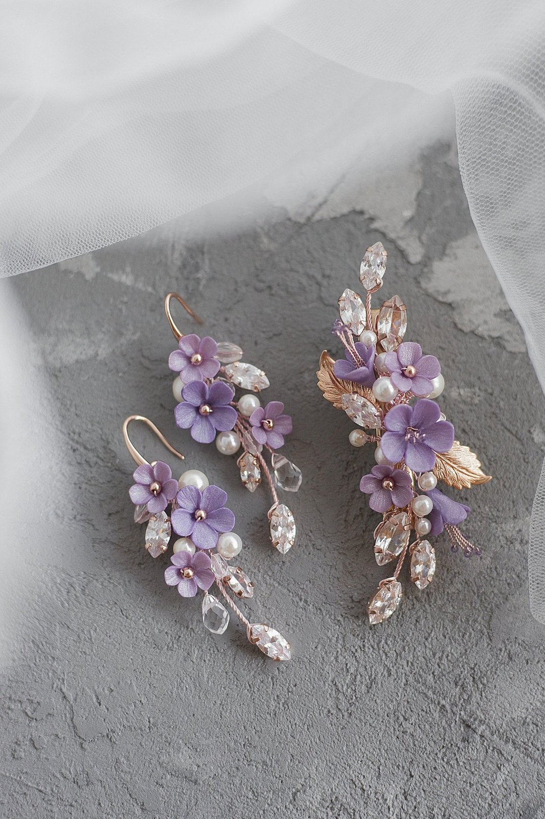 Purple flower hair clip, Floral jewelry set, Earrings and hair piece - 发饰 - 粘土 紫色