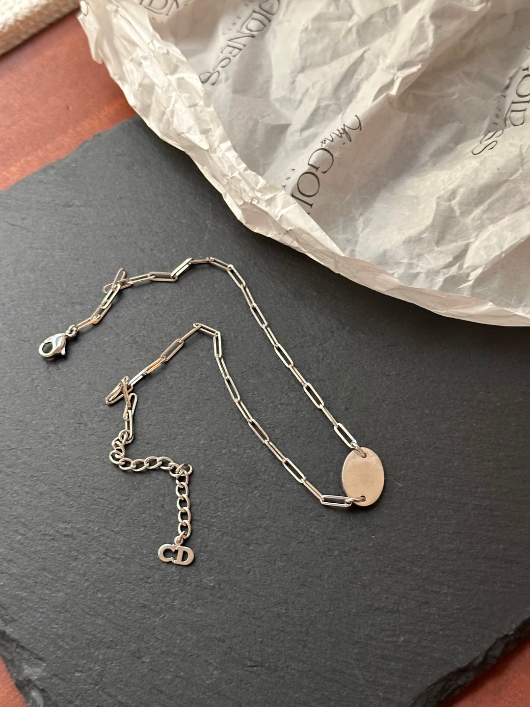 中古品 Dior 迪奥 闪钻牌仔颈链 - 项链 - 其他金属 银色
