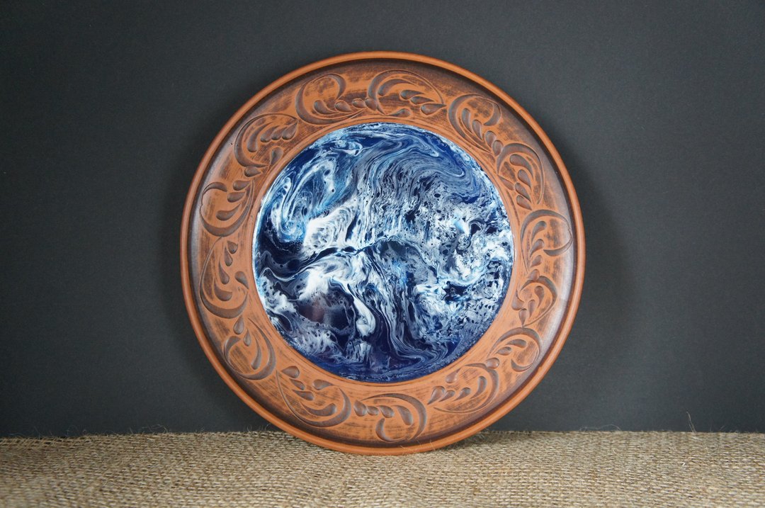 Eco Friendly Handmade Ceramic Cookware Decorative Plates with Epoxy Resin Art - 厨房用具 - 陶 多色