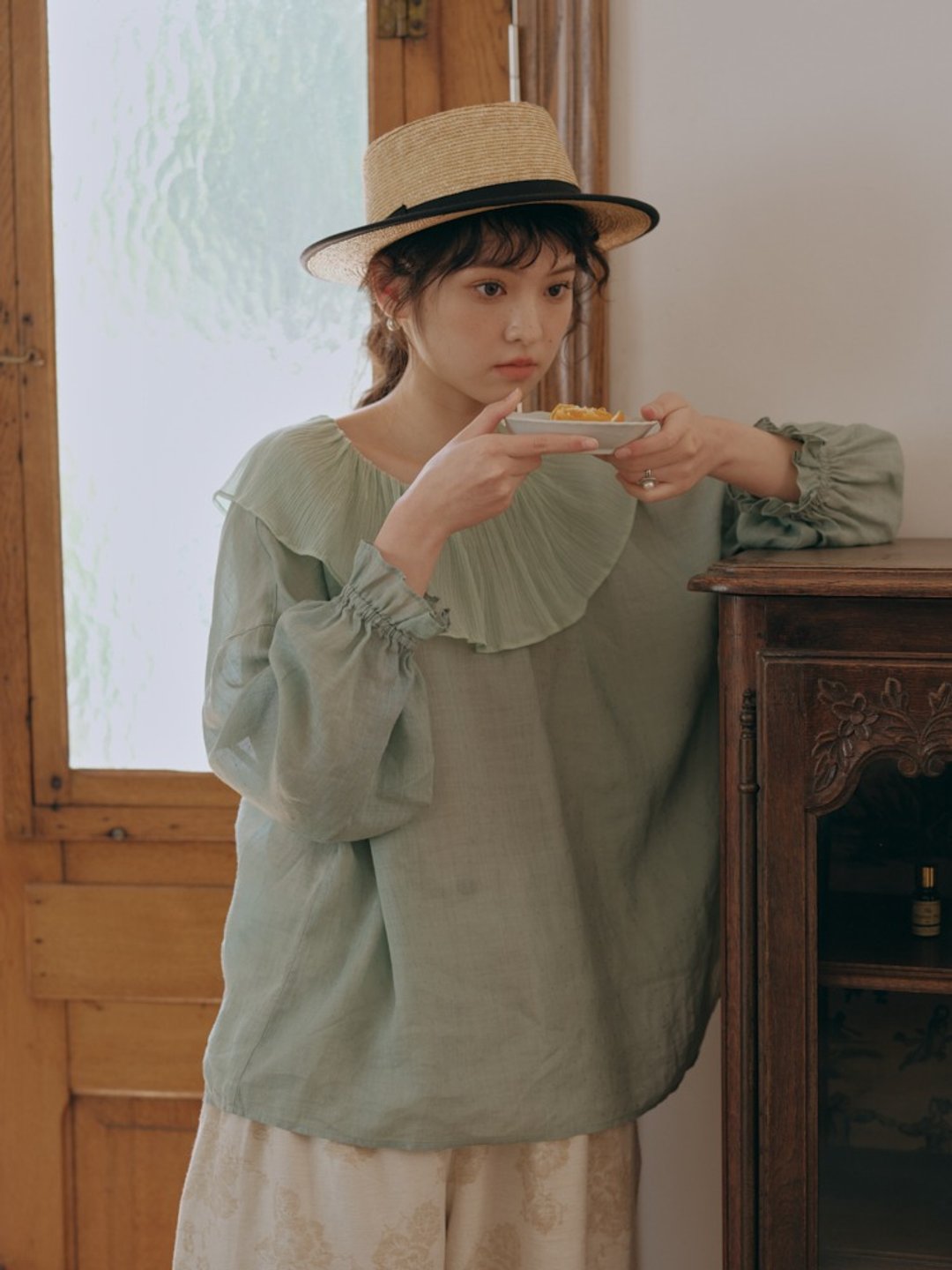 荷叶领苎麻宽松休闲上衣 文艺衬衫日系风格穿搭 春 - 女装上衣 - 棉 多色