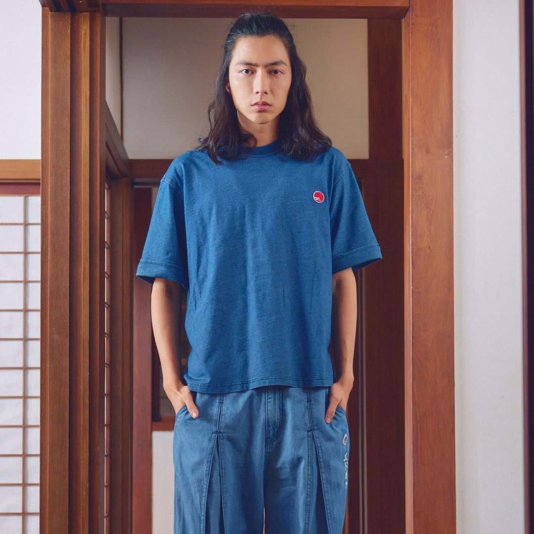 江户胜 日系 男装 反折短袖T恤(石洗绿) #上衣 - 男装上衣/T 恤 - 棉 蓝色