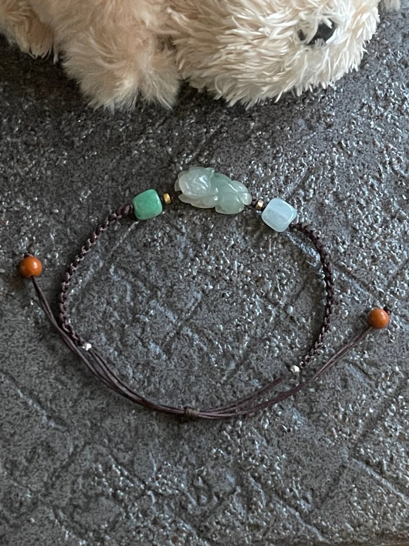 手作翡翠貔貅手环 缅甸玉 无优化 天然A货翡翠 冰胶飘绿花貔貅 - 手链/手环 - 玉石 