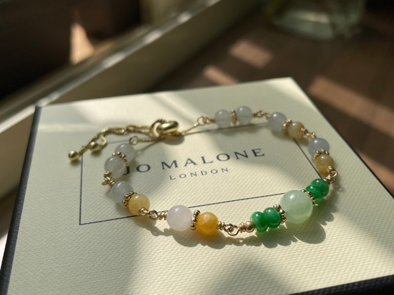 蕙质兰心//天然翡翠A货 晴水 白翡 黄绿翠 美国14KGF 铜镀金 - 手链/手环 - 玉石 