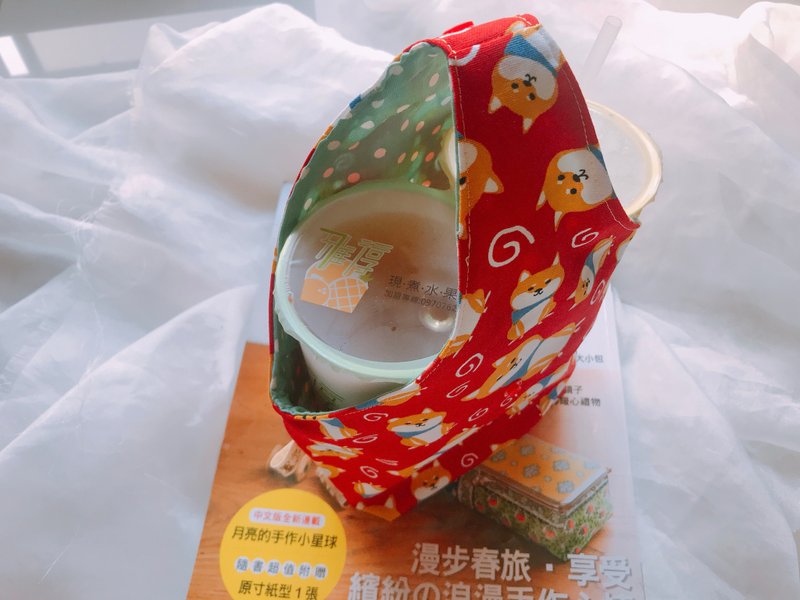 酒袋型/双杯环保饮料杯袋/双杯袋-喜红柴犬 - 随行杯提袋/水壶袋 - 棉．麻 红色