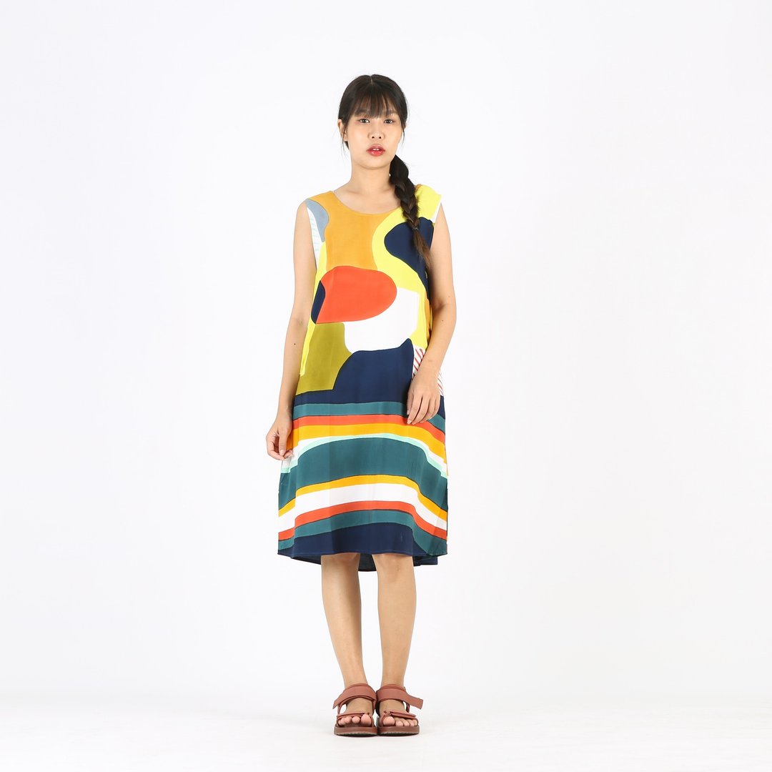 Short Dress Cotton Rayon Hand Paint - 洋装/连衣裙 - 棉．麻 黄色