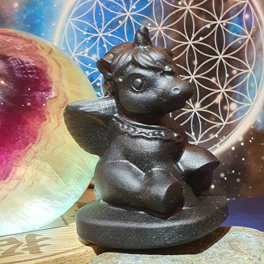 黑曜石梦幻独角兽 天然黑曜原矿雕件 Obsidian 避邪 - 摆饰 - 水晶 黑色