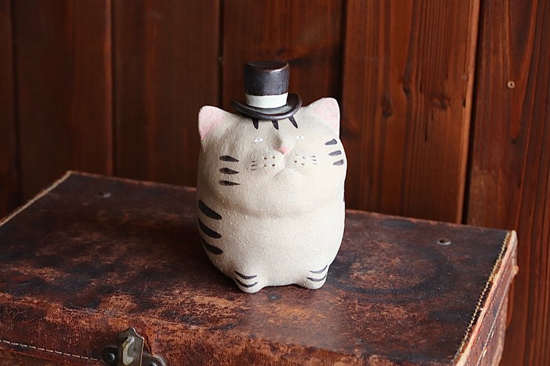 单只动物花瓶 雉猫 x 高顶帽 [订做] - 陶艺 - 陶 咖啡色