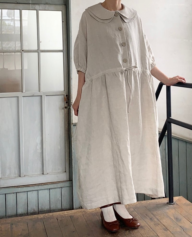 两领麻缩褶连身裙，日本手工制作，天然麻 - 洋装/连衣裙 - 棉．麻 黑色