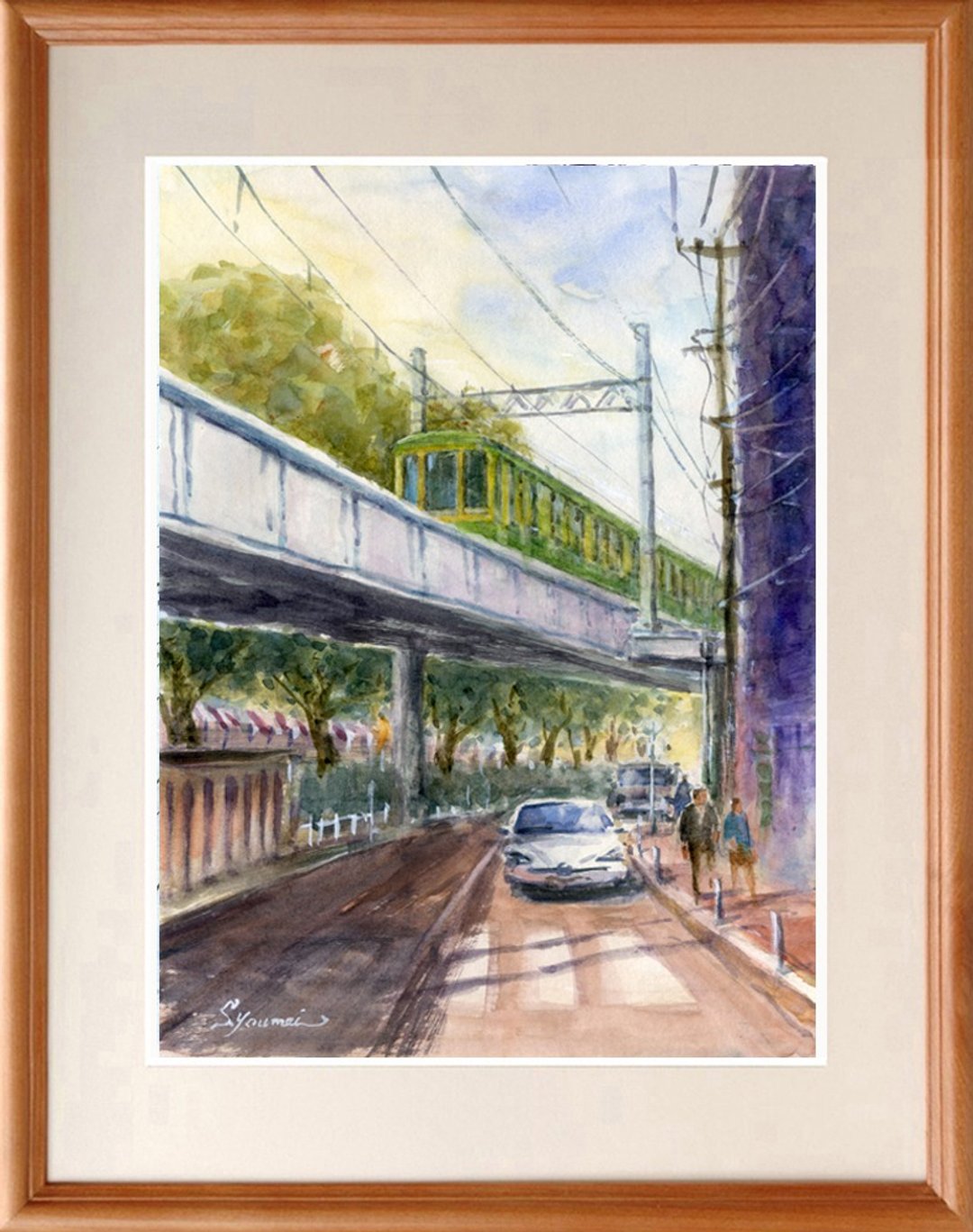 Original watercolor painting Running on the Enoden elevated - 海报/装饰画/版画 - 纸 金色