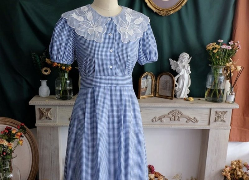 【手工制作】复古郁金香领/格纹连衣裙 - 洋装/连衣裙 - 棉．麻 蓝色