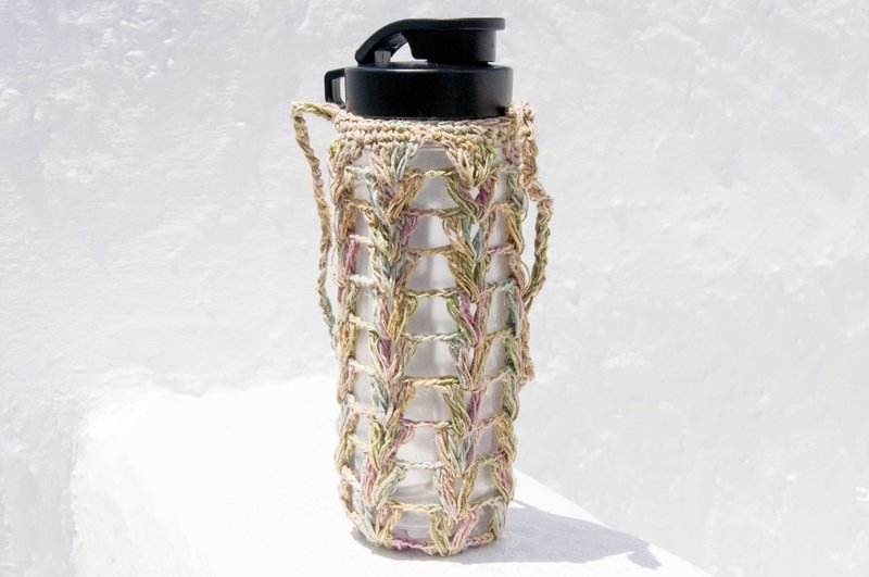 手工麻绳水壶袋/手工麻线水壶袋/保温瓶袋/饮料提袋-棉麻渐层彩虹 - 随行杯提袋/水壶袋 - 棉．麻 多色