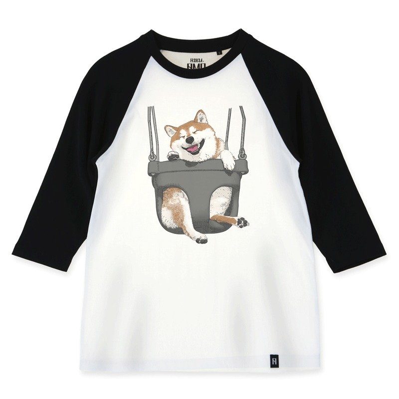 AMO凡物制原创纯棉七分袖撞色棒球衫T恤/阿科/秋千柴犬黑椅版 - 女装 T 恤 - 棉．麻 