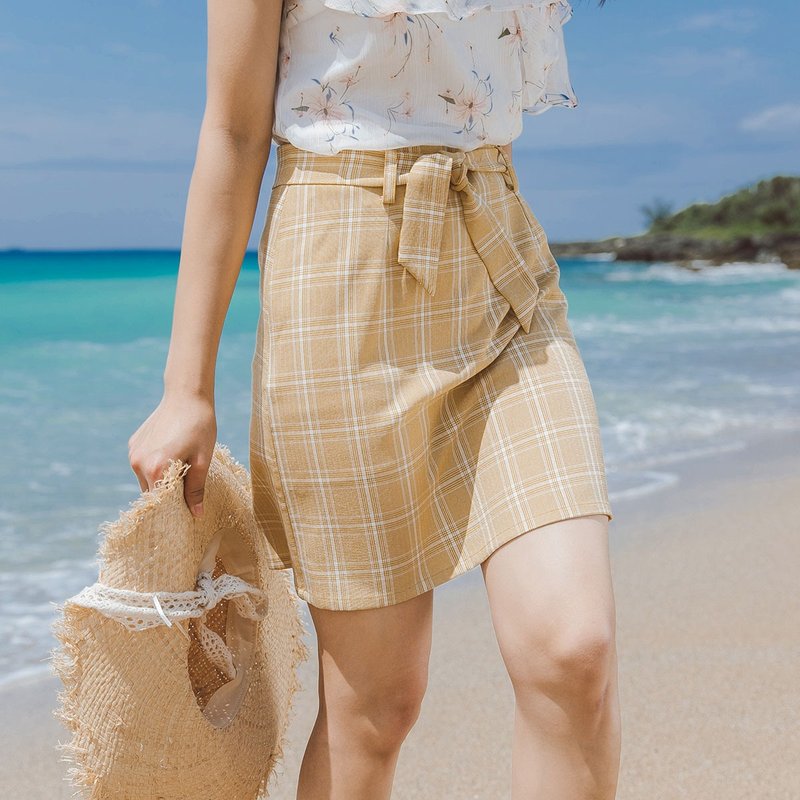 安妮陈2018夏装新款文艺女装装饰腰带格子半裙 - 裙子 - 聚酯纤维 黄色