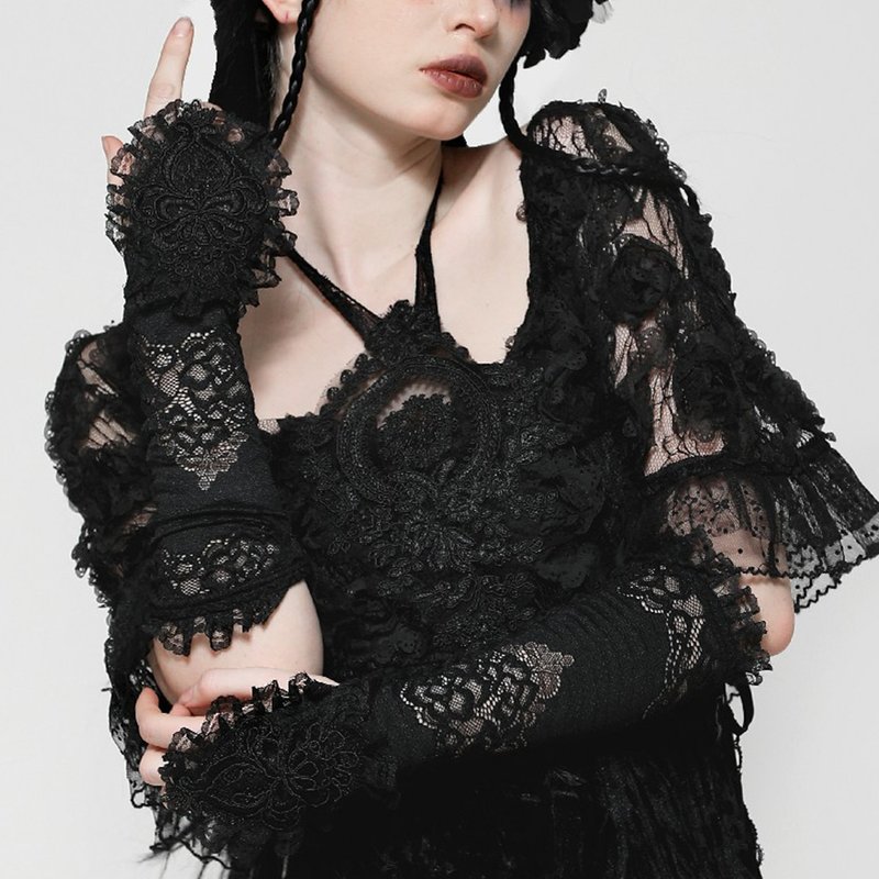 透视雕花蕾丝荷叶边指环造型长版露指手套DARK IN LOVE台湾AGL026 - 手套 - 尼龙 