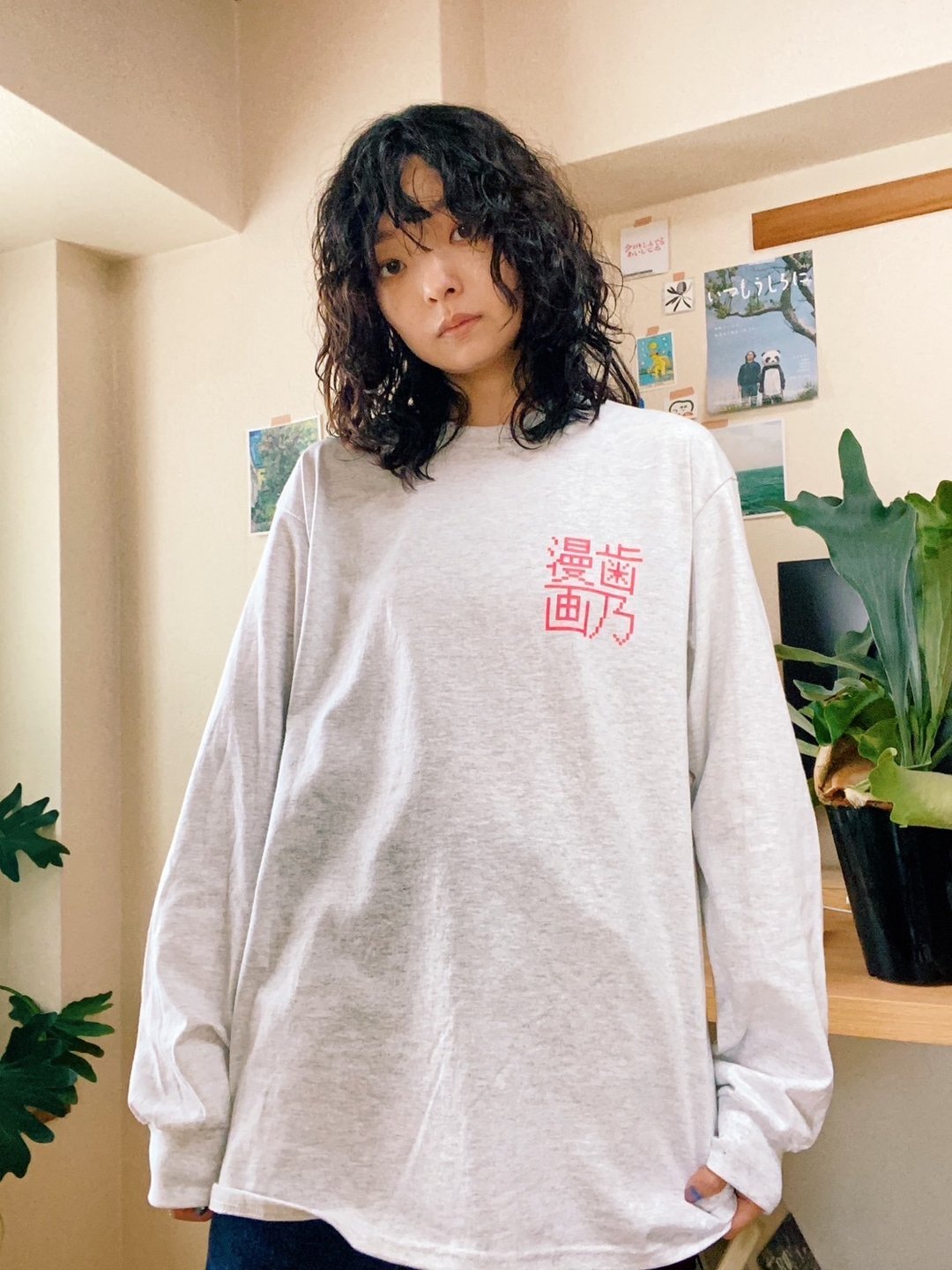 牙齿长袖 T 恤 - 女装 T 恤 - 棉．麻 银色