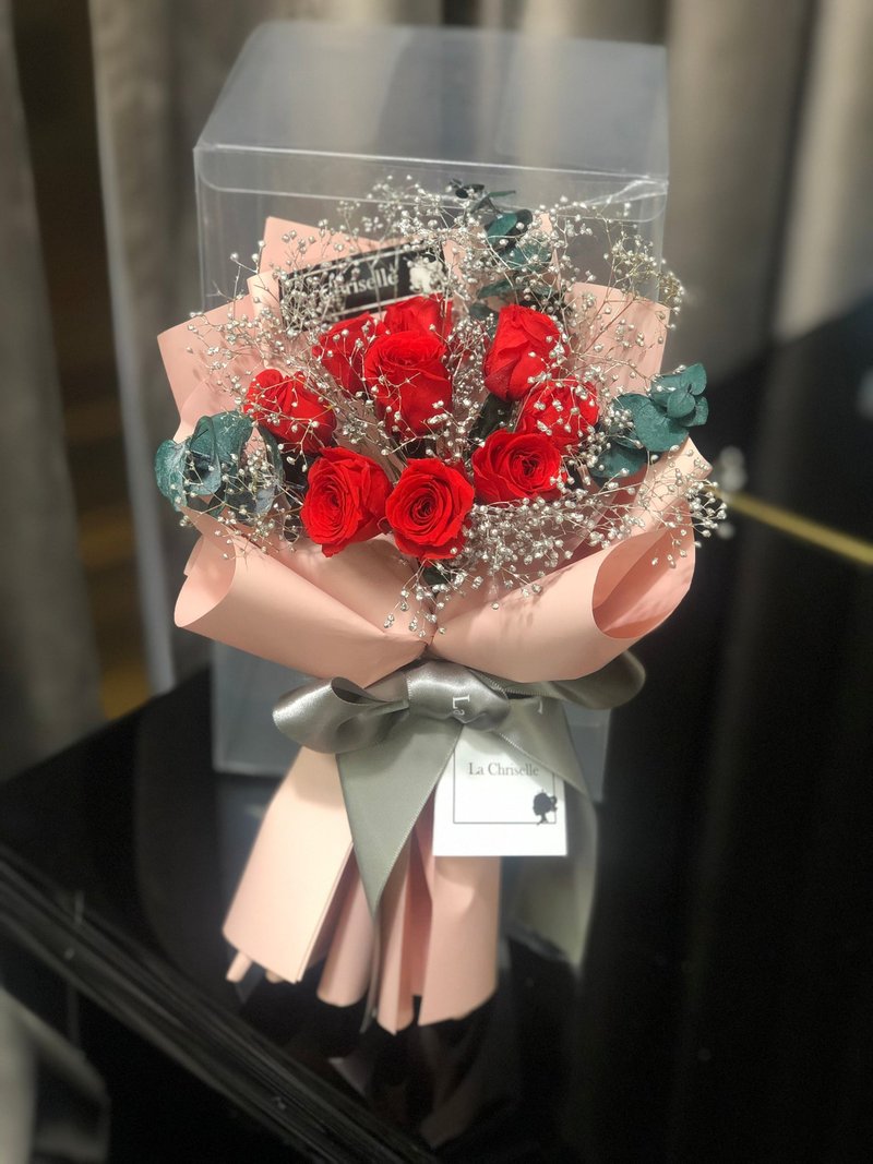 可寄台湾 红色 迷你 9 枝 玫瑰花 保鲜花束 永生花束 不凋花束 - 干燥花/捧花 - 其他材质 绿色