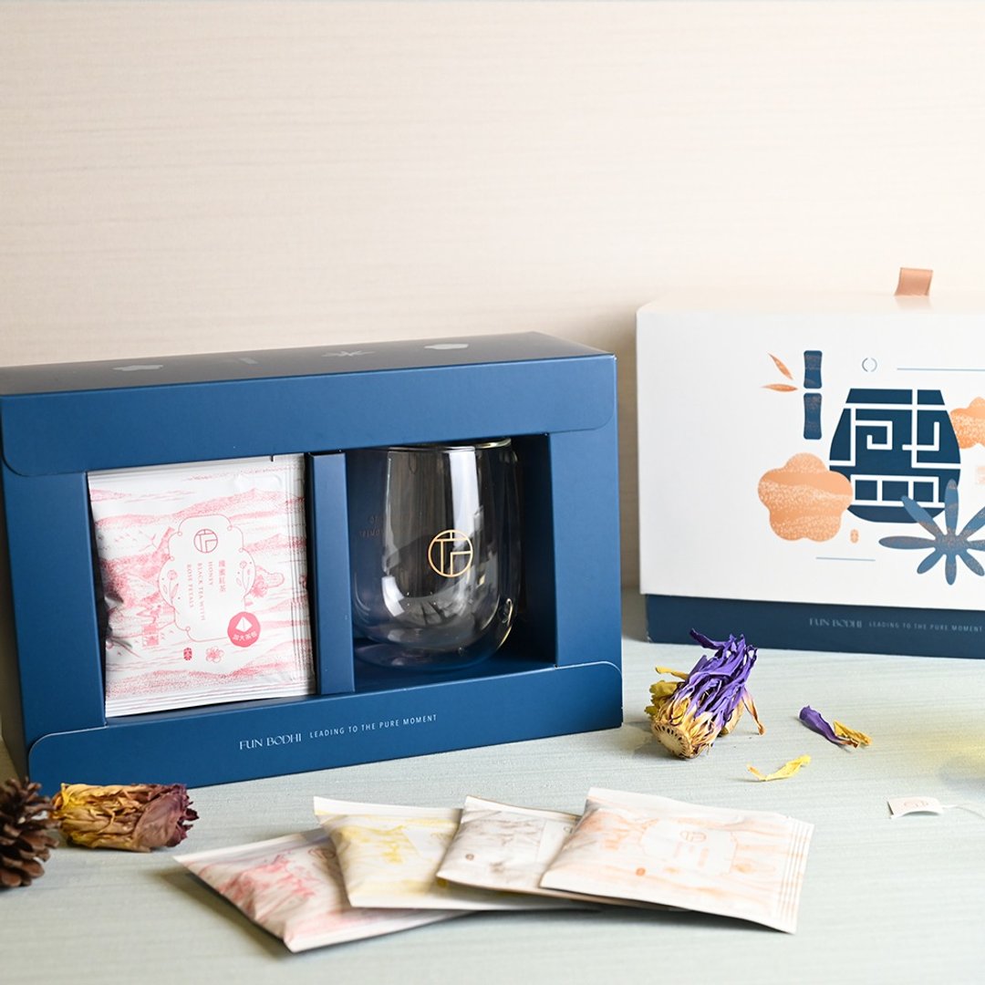 【盛】台湾阿里山瑰蜜红茶茶包+双层玻璃杯 精装礼盒 - 茶 - 纸 蓝色