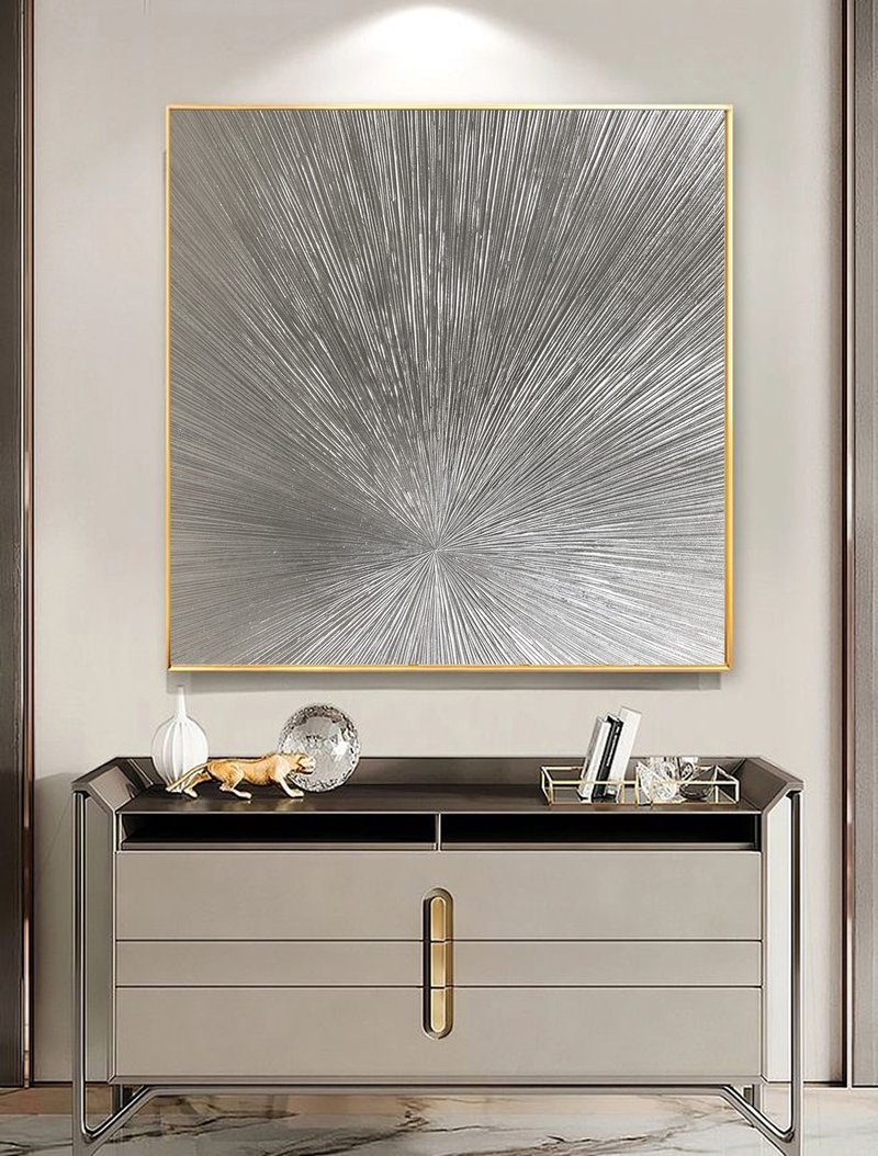 纹理银抽象画布绘画墙艺术客厅 - 墙贴/壁贴 - 棉．麻 银色