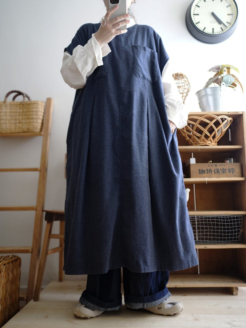 深咖绿宽版长洋装背心 - 洋装/连衣裙 - 棉．麻 蓝色