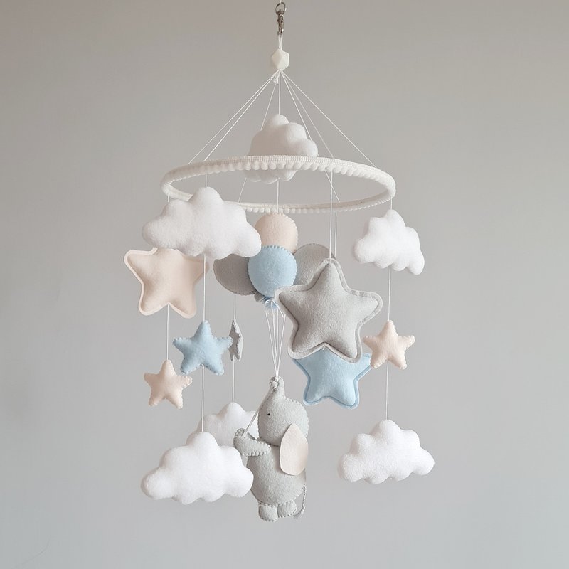 Elephant baby mobile, Blue nursery mobile, Hanging felt mobile, Felt decor - 玩具/玩偶 - 其他材质 蓝色