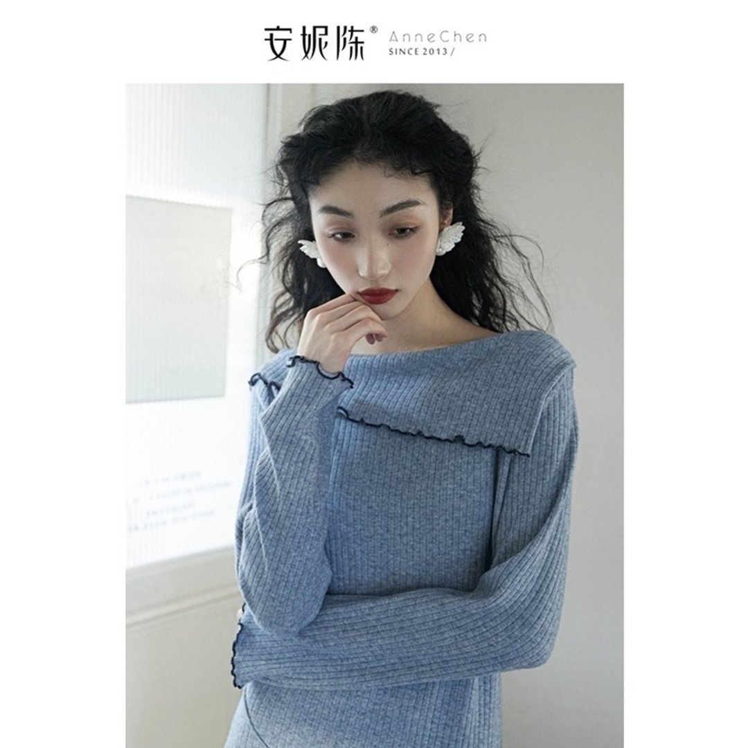 安妮陈【蓝莓果酱】竖条纹针织洋装連衣裙連身裙收腰显瘦气质内搭 - 洋装/连衣裙 - 其他材质 蓝色