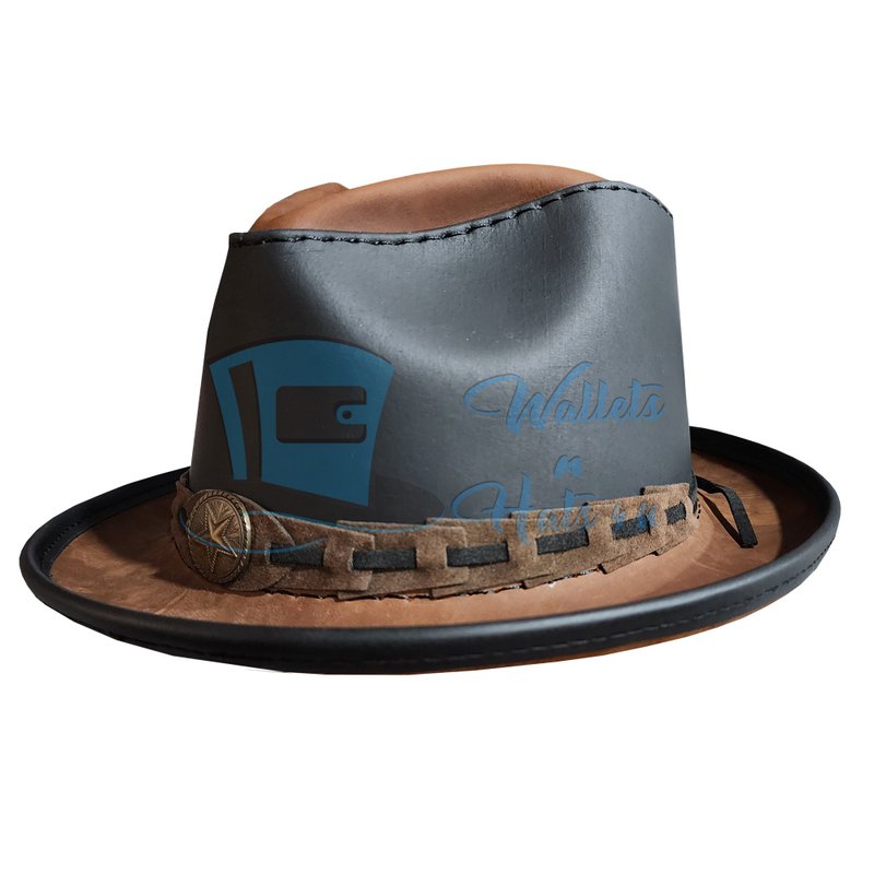 费多拉爵士皮革帽 – 手工西部风格，点缀星形饰扣 - 帽子 - 真皮 咖啡色