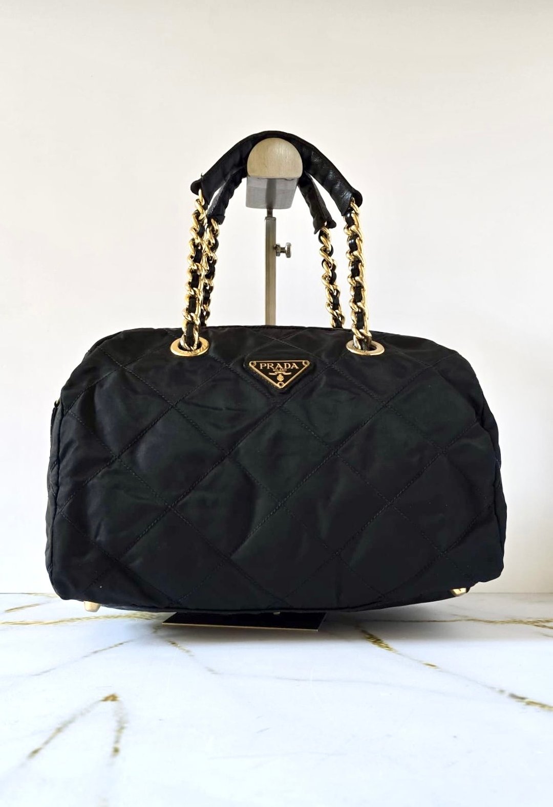 稀有中古包 Prada 黑金格纹波士顿包 旅行包 手提包 二手包 古董包 - 手提包/手提袋 - 其他材质 黑色