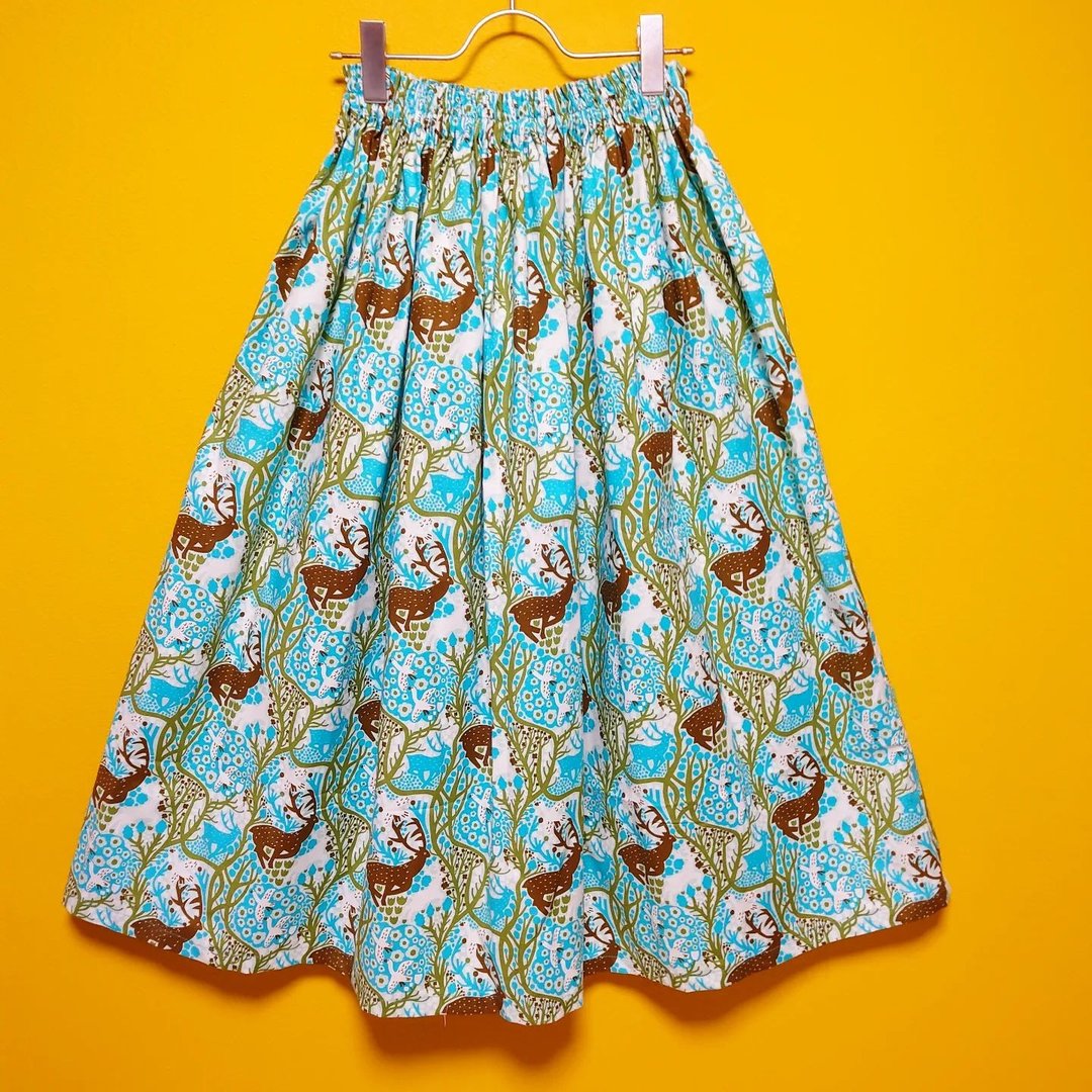【Made to order】Reindeer flower skirt / made in JAPAN / USA fabric - 裙子 - 棉．麻 蓝色