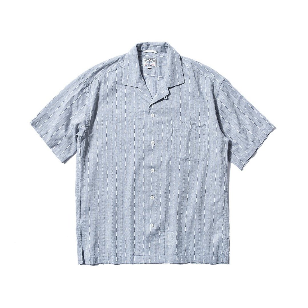 ISLAND SCOUTS 复古麻棉夏威夷衬衫系列 -复古蓝色提花条 - 男装衬衫 - 棉 蓝色