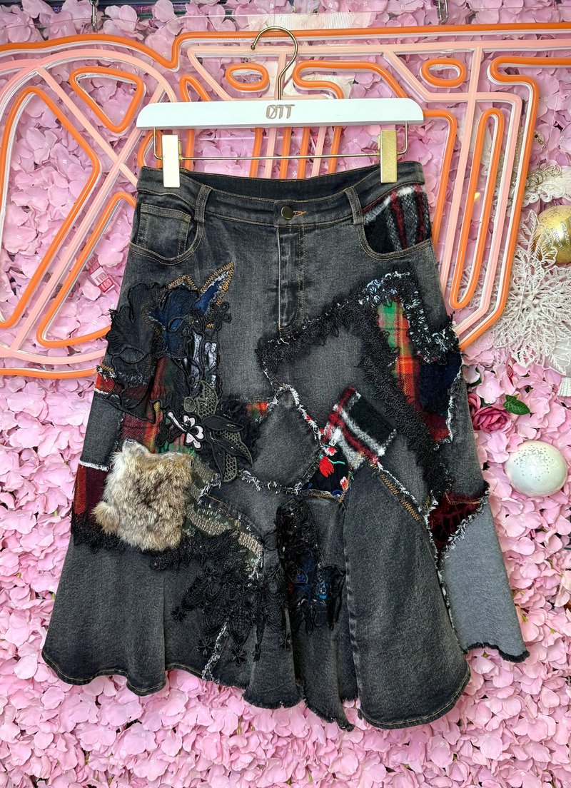 OTT独一无二•Unique日系超重工洗水牛仔拼布蕾丝刺绣格仔裙 - 裙子 - 羊毛 多色