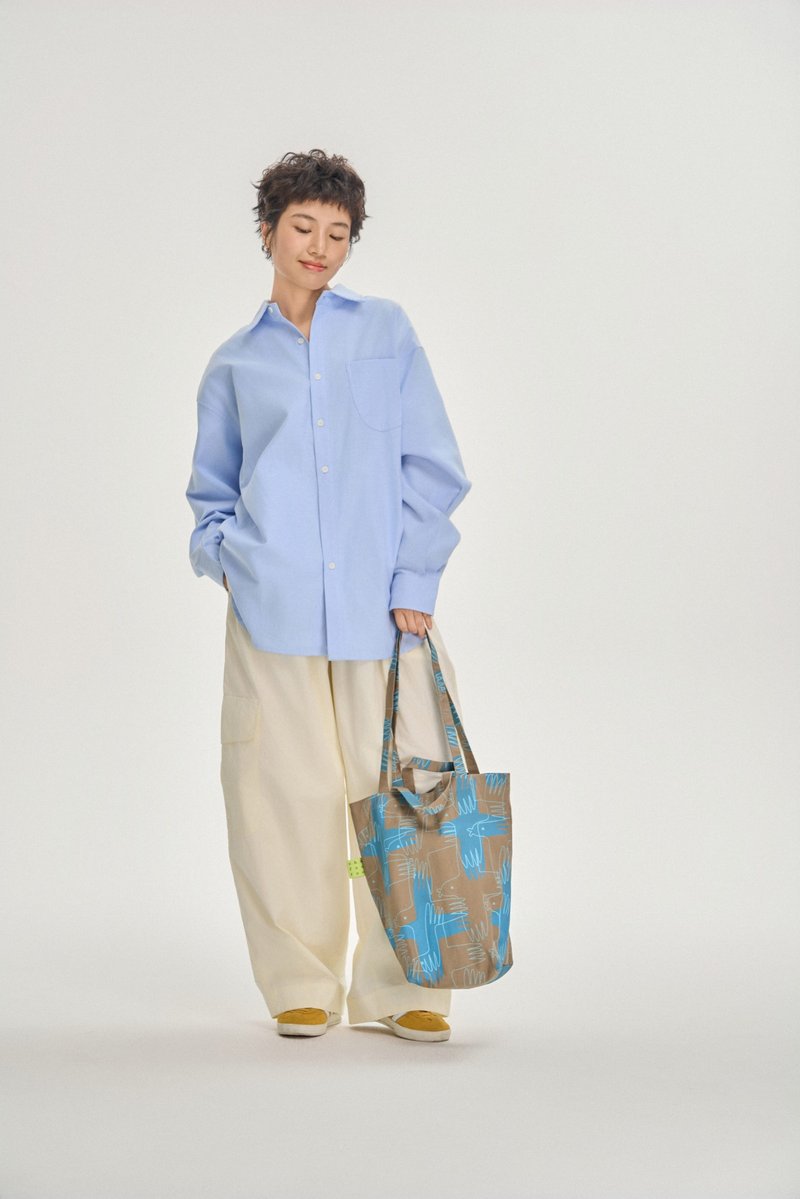 蓝棕飞鸟图案印花帆布包-中号 - 侧背包/斜挎包 - 棉．麻 咖啡色