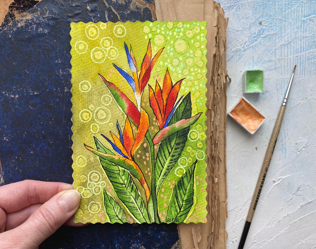 Tropical flowers painting Floral Original art Small watercolor Miniature artwork - 海报/装饰画/版画 - 纸 多色