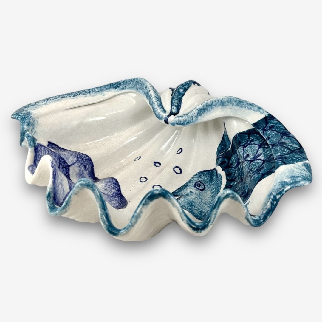 意大利手工陶-MD 地中海 贝壳造型碗 沙拉碗 水果碗 置物碗 33cm - 碗 - 陶 蓝色