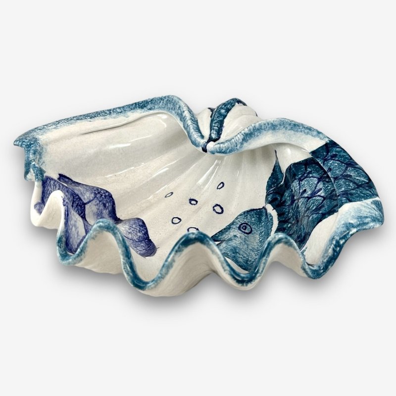 意大利手工陶-MD 地中海 贝壳造型碗 沙拉碗 水果碗 置物碗 33cm - 碗 - 陶 蓝色