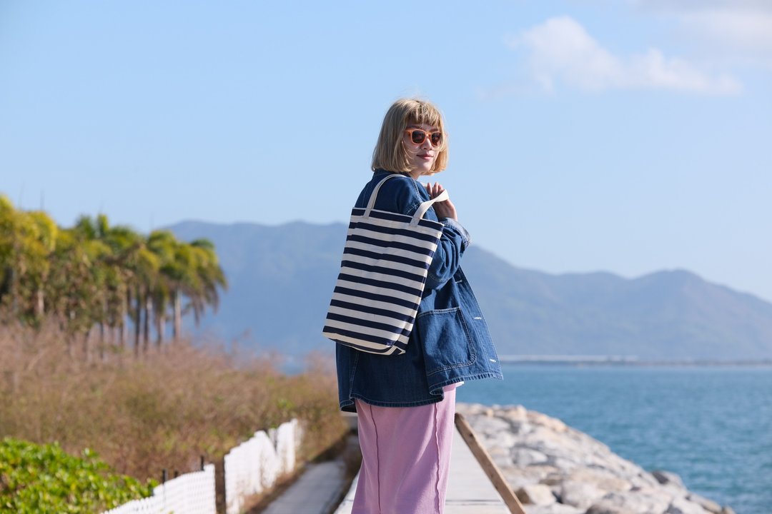 深蓝色 间条tote bag - 侧背包/斜挎包 - 棉 